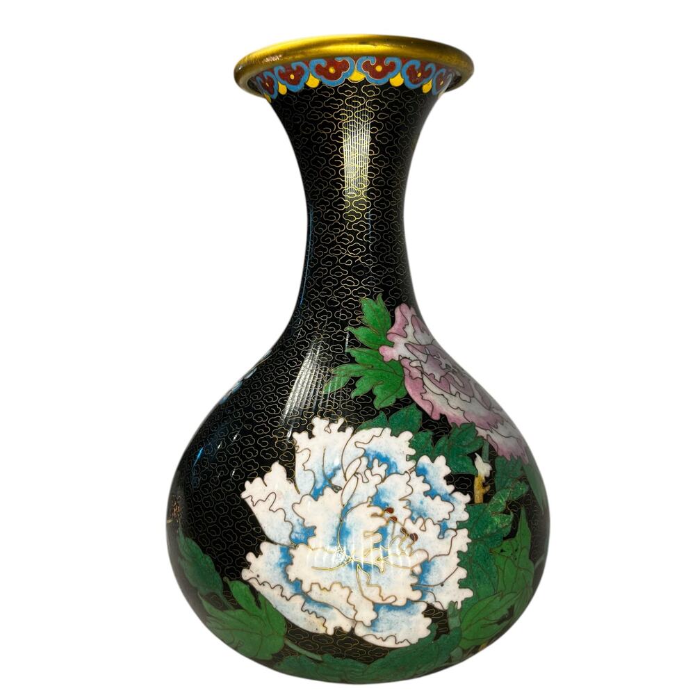 Vintage Chinese Black Cloisonne Vase 10 1/4” with Butterflies, Peonies